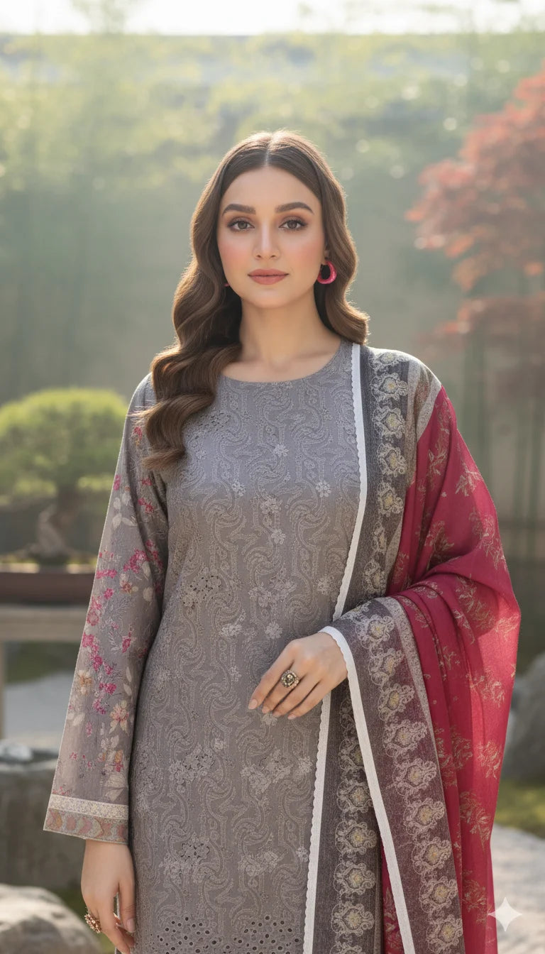 Grey with Pink – The Premium Lawn