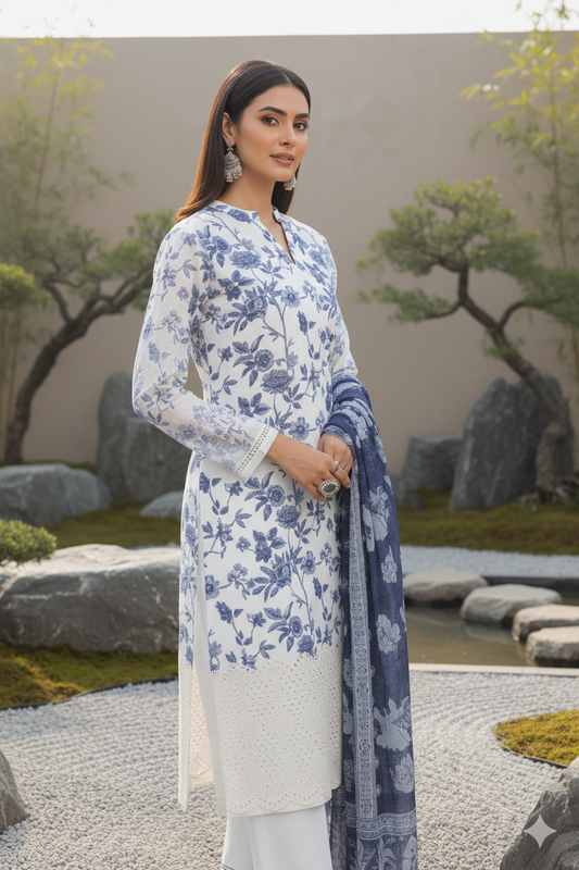 Frosty Skies Serenity – Embroidered Chamki Khaddar
