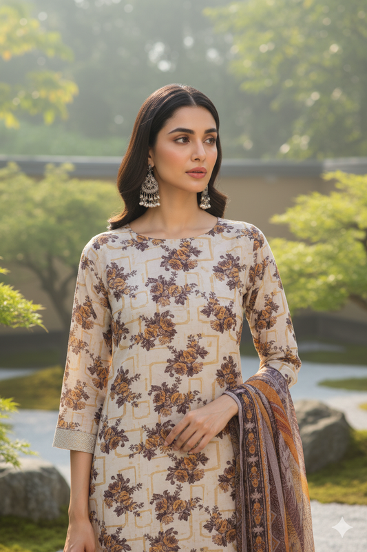 Sepia Vintage Bloom – Premium Shivli Khaddar
