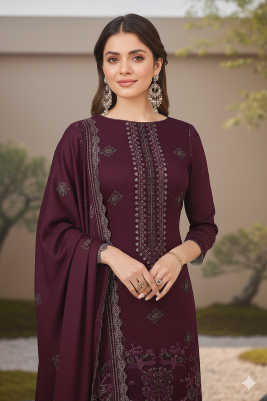 Deep Plum / Burgundy – Premium Embroidered Shine Dhanak