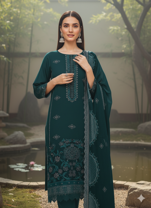Emerald Green – Premium Embroidered Shine Dhanak