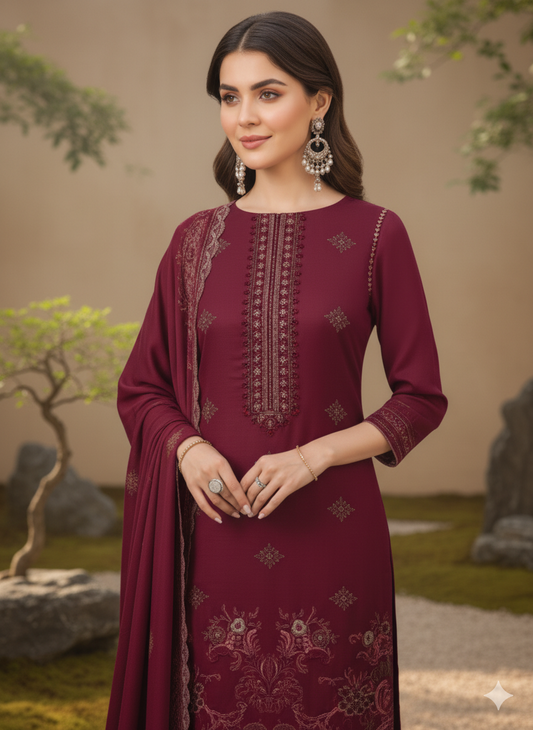 Ruby Red – Premium Embroidered Shine Dhanak
