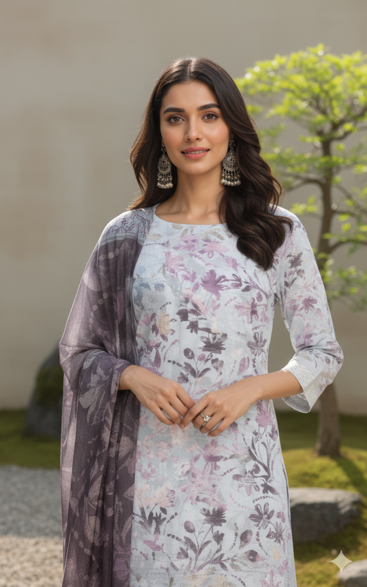 Azure Radiance – Digital Print & Embroidered