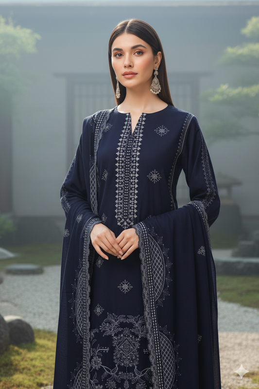 Navy Blue – Premium Embroidered Shine Dhanak