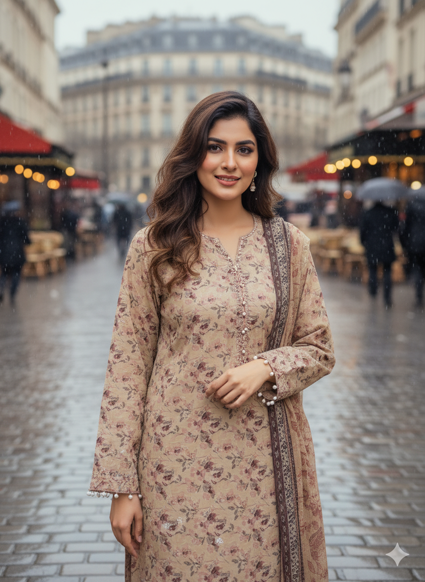 Soft Beige – Luxury Floral Lawn