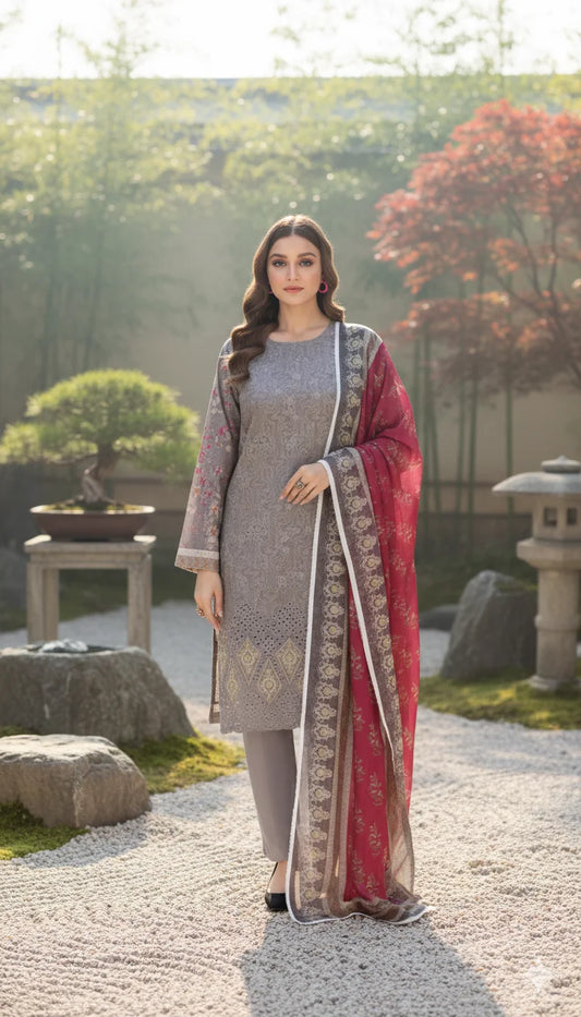 Grey with Pink – The Premium Lawn