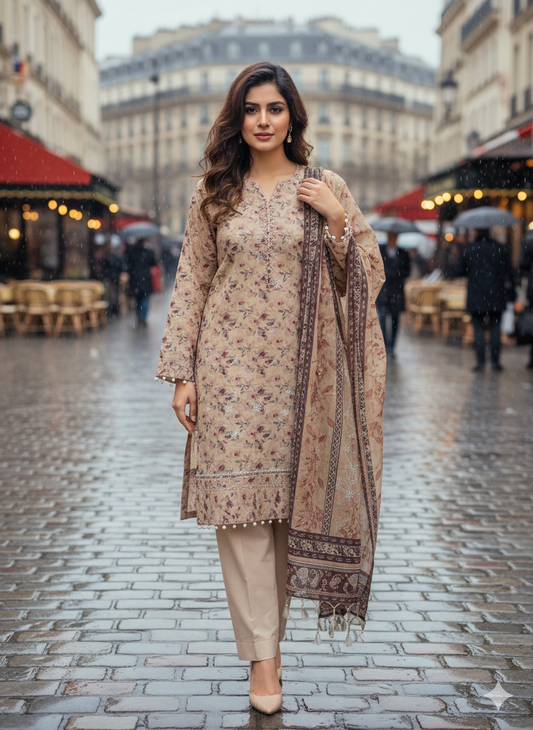 Soft Beige – Luxury Floral Lawn